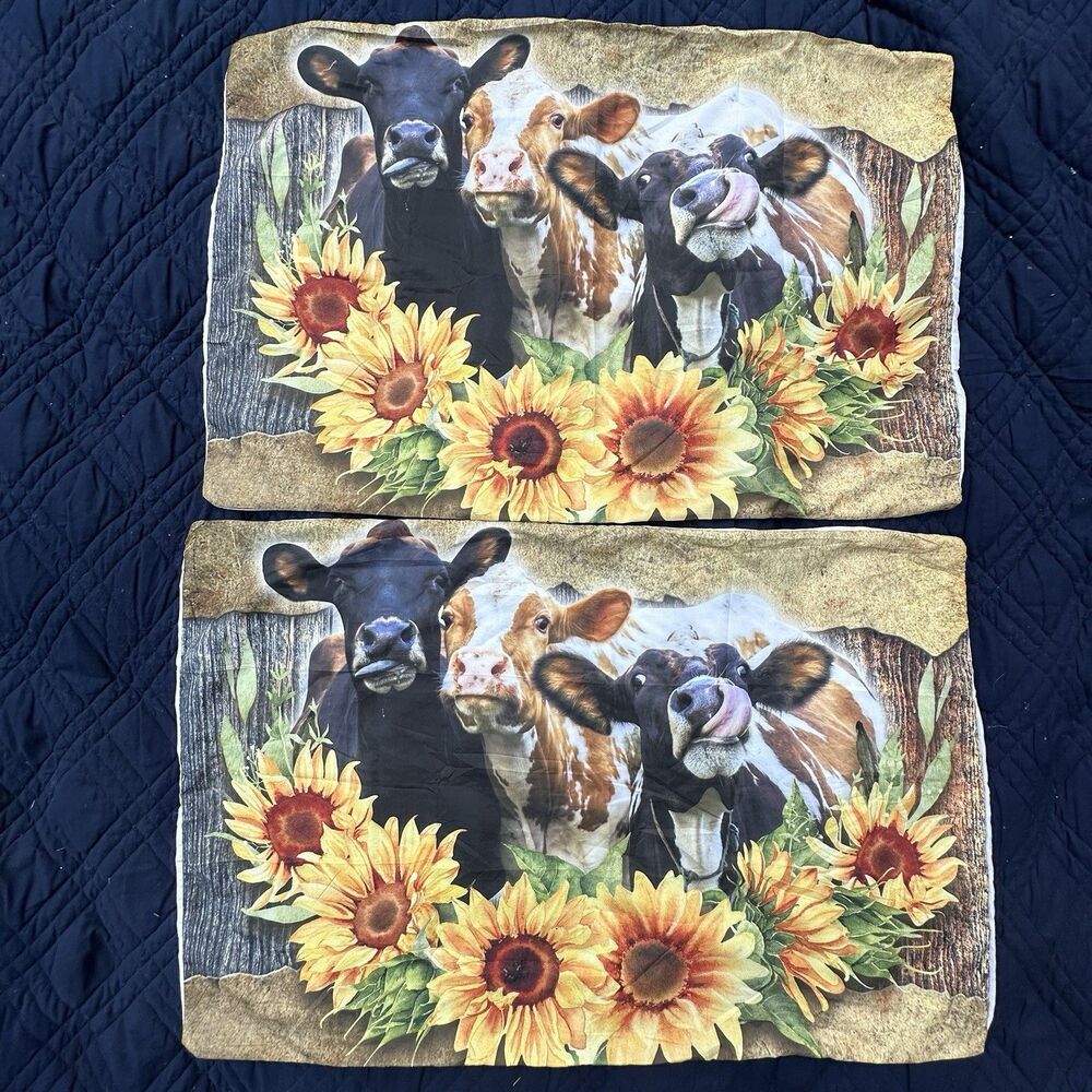 Cow Trio 2 Pillowcases Fabric Panels Curious Cows DIY Farmhouse Craft Sewing